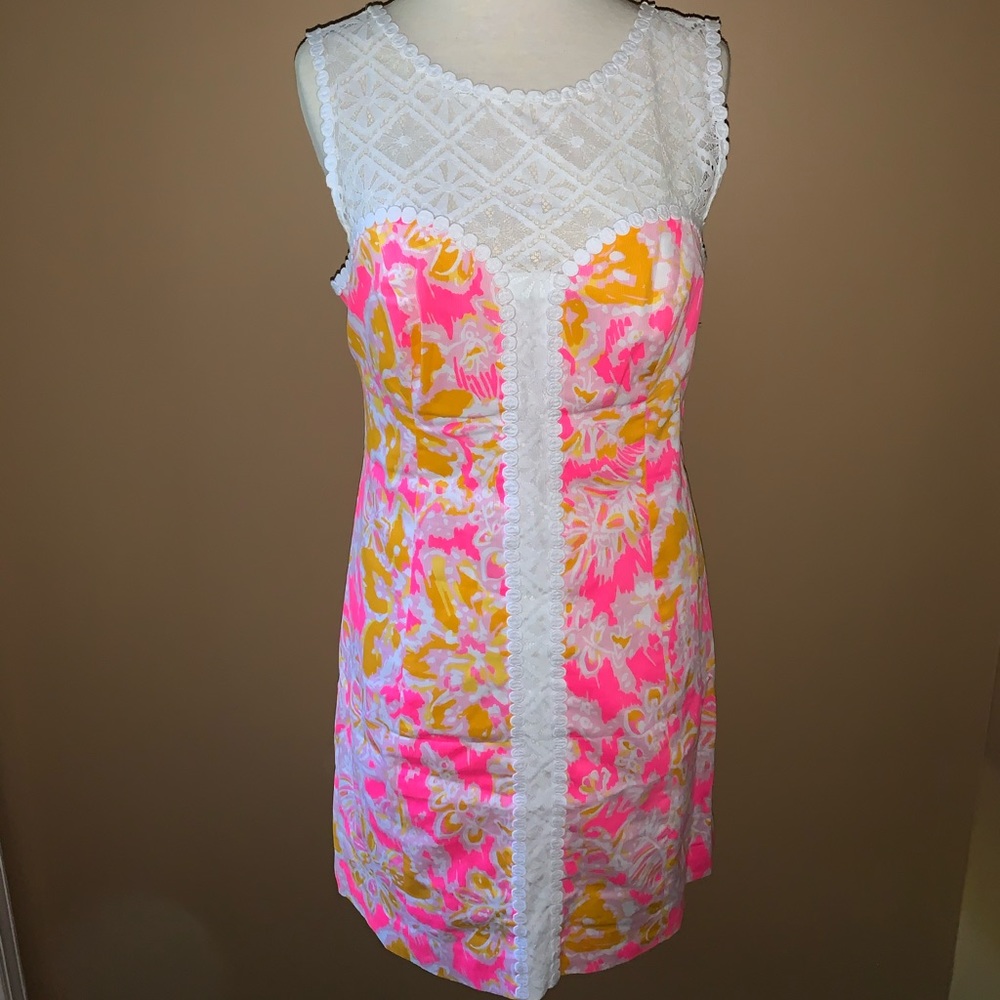 Lilly Pulitzer Floral Mini Dress Pink and Orange Floral with Lace Size 4